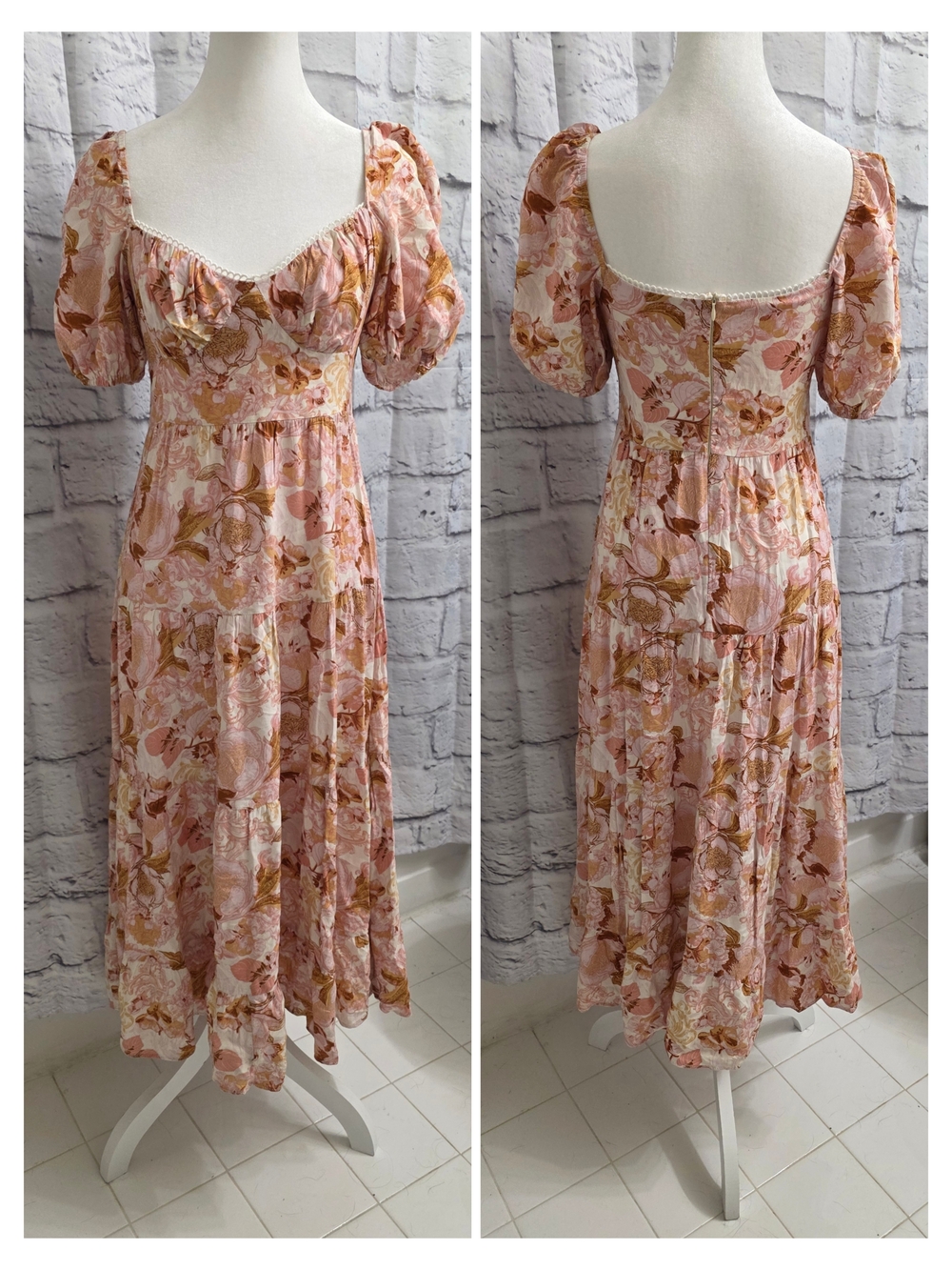 Pearl + Sea Rose Floral Puff Sleeve Midi Dress Size 4